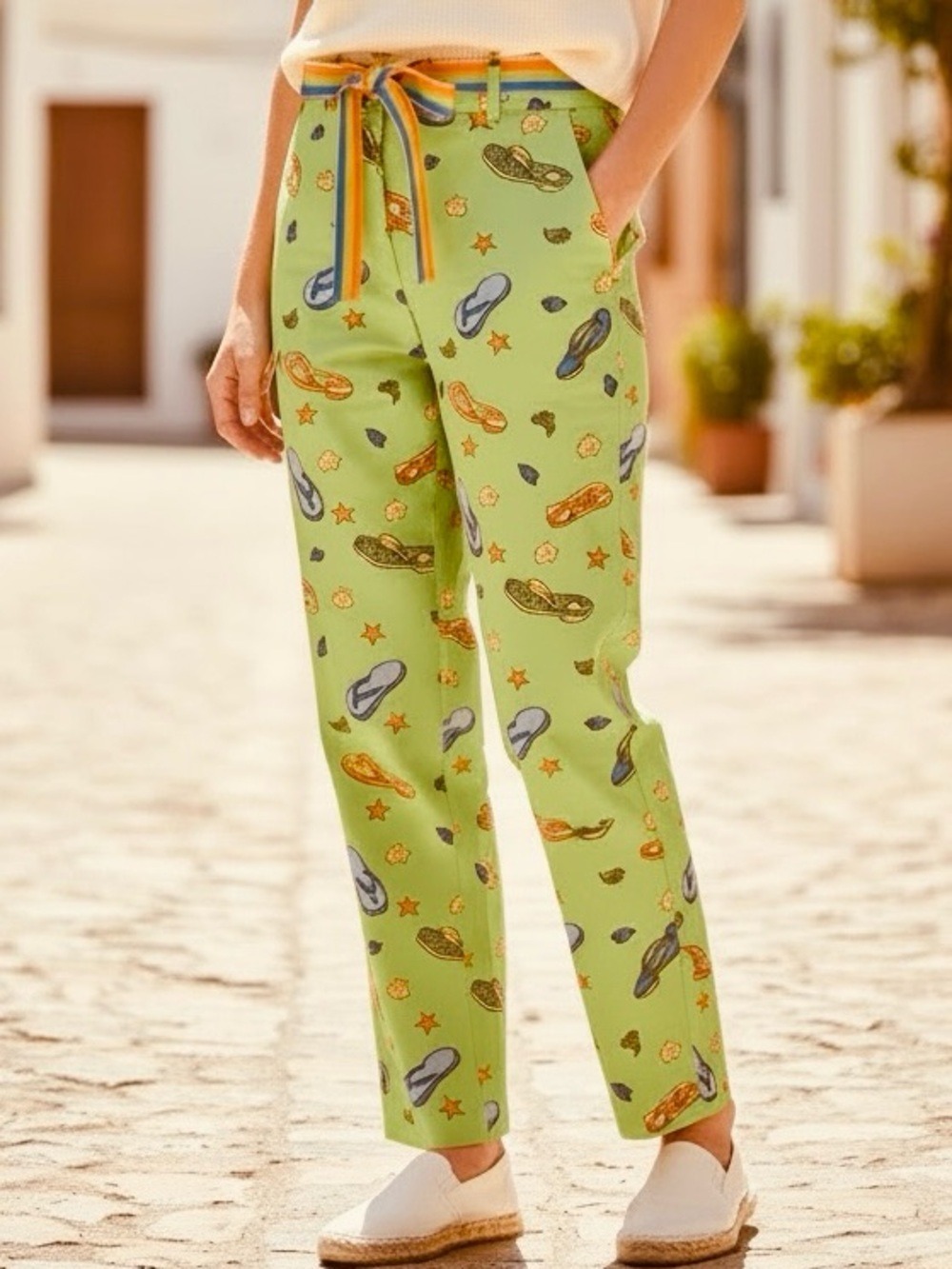 VTG RANDI M PASTEL GREEN FLIP FLOP PRINT PANTS W STRIPED GROSGRAIN SASH SZ 12P